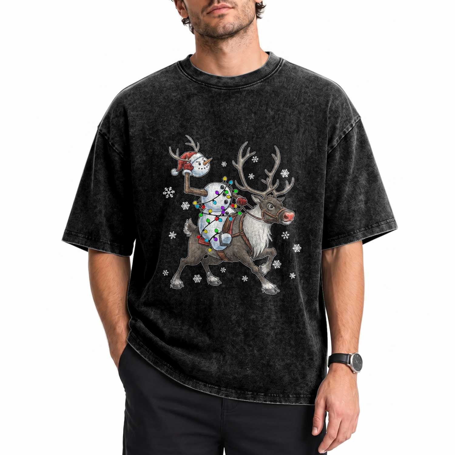 Funny Snowman Headless Horseman Washed Cotton T-Shirt Christmas Halloween Gift