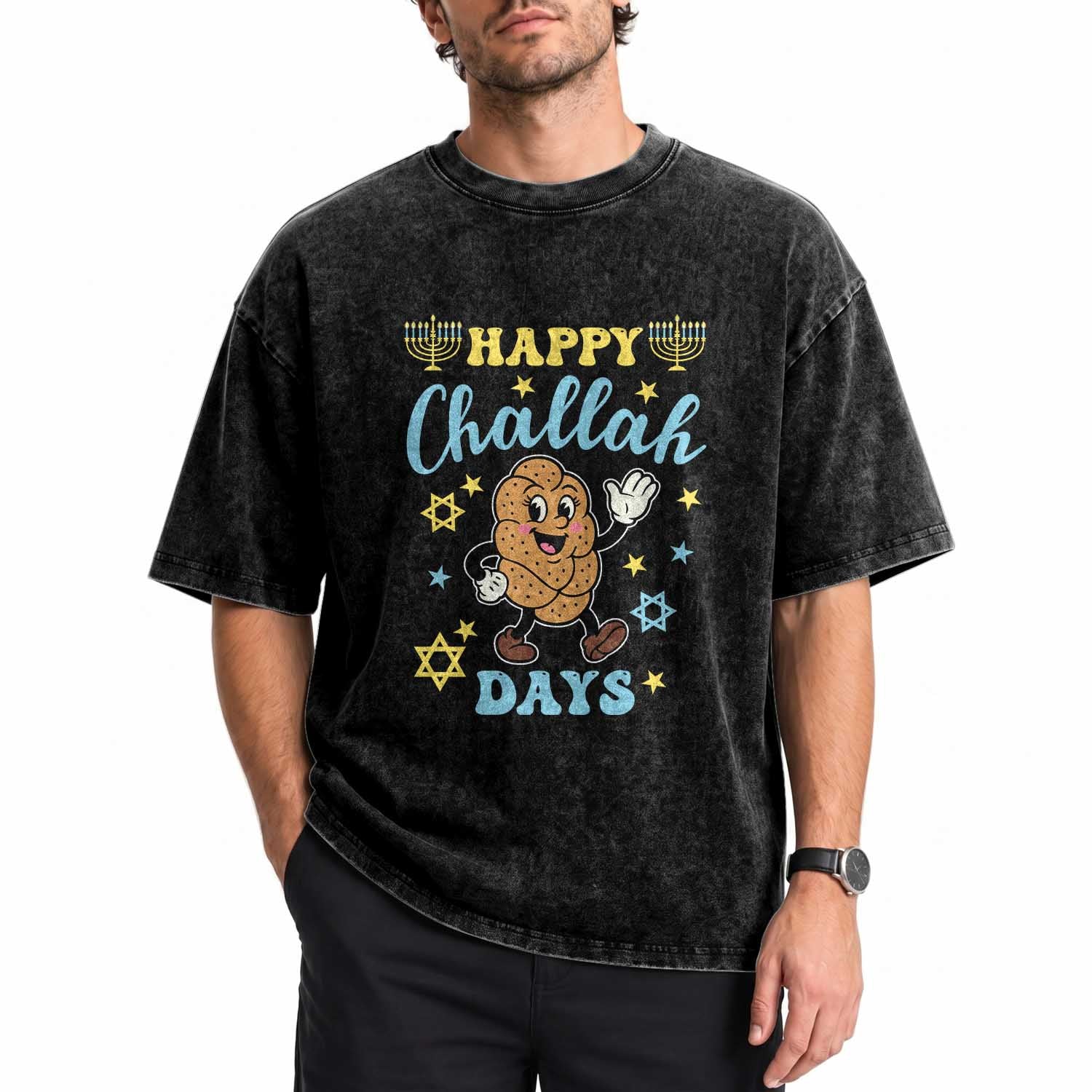 Funny Hanukkah Food Lover Gift Washed Cotton T-Shirt Happy Challah Days