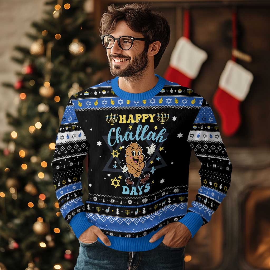 Funny Food Lover Gift Hanukkah Ugly Sweater Happy Challah Days TS12 Black Blue Print Your Wear