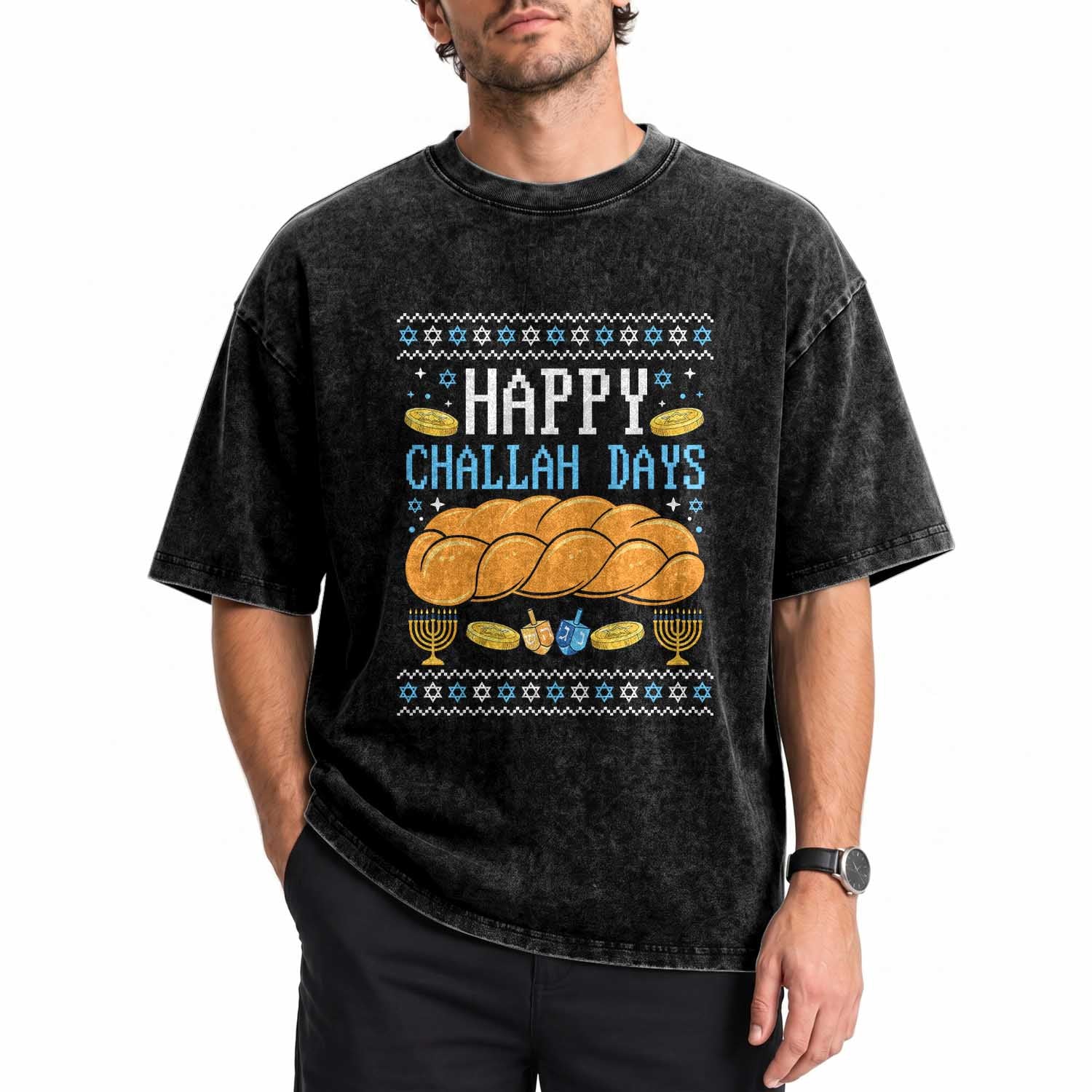 Happy Challah Days Washed Cotton T-Shirt Ugly Hanukkah Food Lover Gift