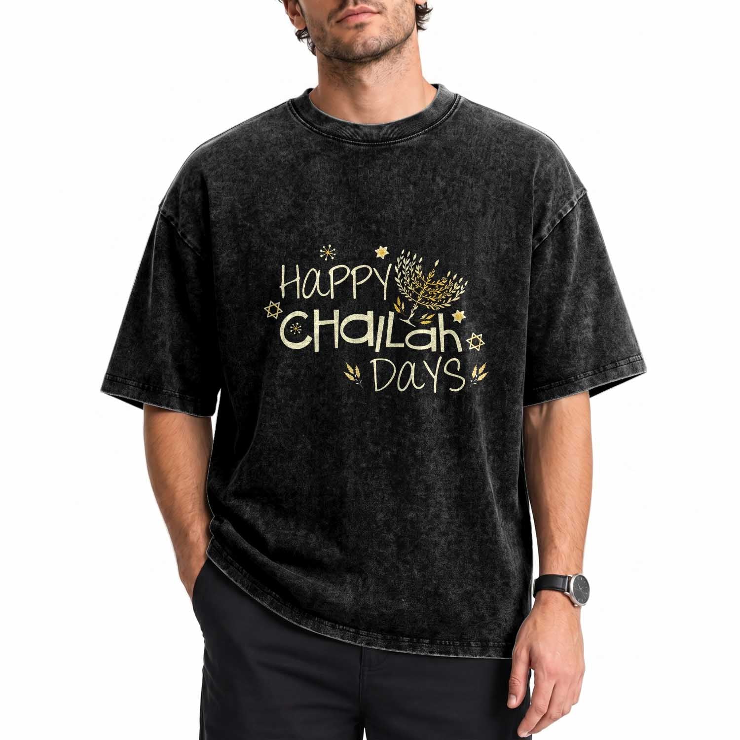 Funny Hanukkah Festival Of Lights Washed Cotton T-Shirt Happy Challah Days