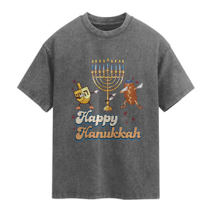Funny Hanukkah Washed Cotton T-Shirt Dab Dreidel Menorah Challah Gift