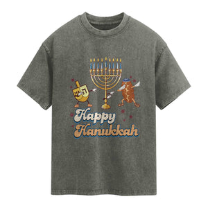 Funny Hanukkah Washed Cotton T-Shirt Dab Dreidel Menorah Challah Gift