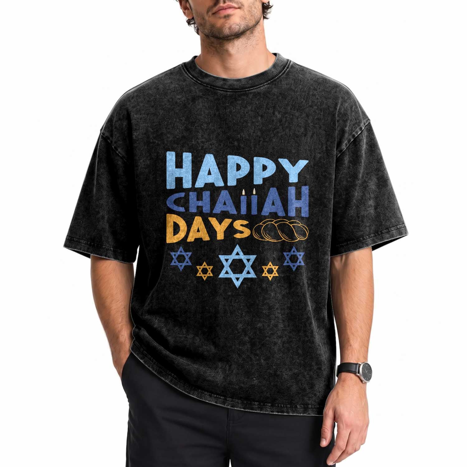 Happy Challah Days Washed Cotton T-Shirt Hanukkah Holiday Gift