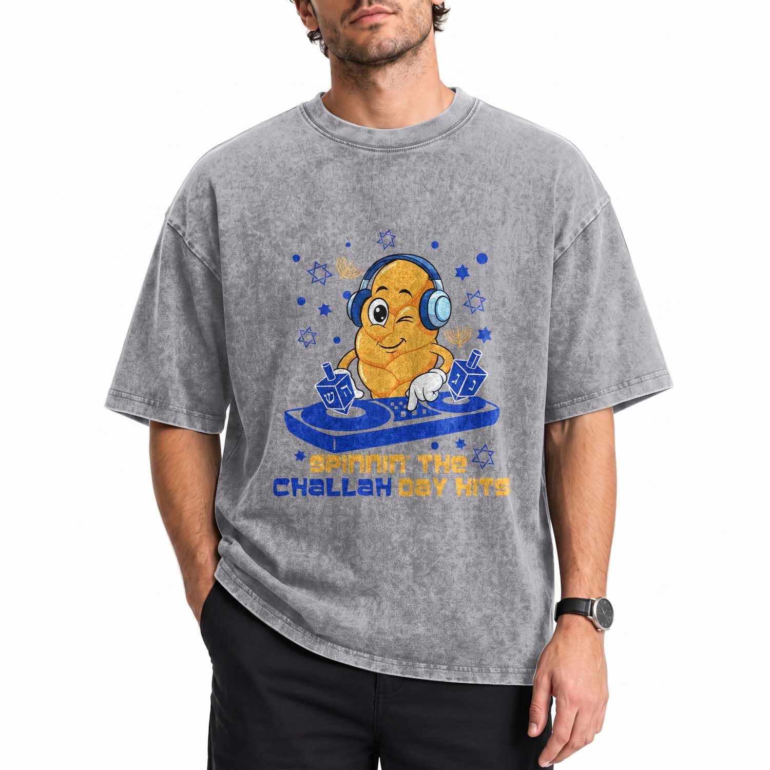 Hanukkah DJ Challah And Dreidel Washed Cotton T-Shirt Funny Jewish Gift