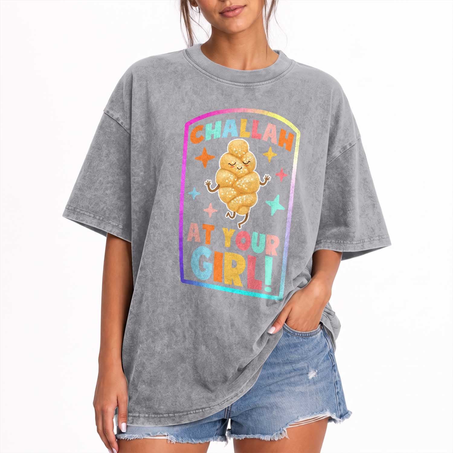 Funny Hanukkah Challah At Ya Girl Washed Cotton T-Shirt Jewish Chanukah Bread Gift