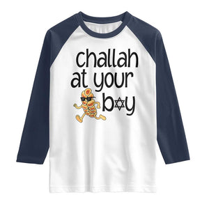 Festival Of Lights Gift Raglan Shirt Hanukkah Challah At Ya Boy TS12 White Navy Print Your Wear