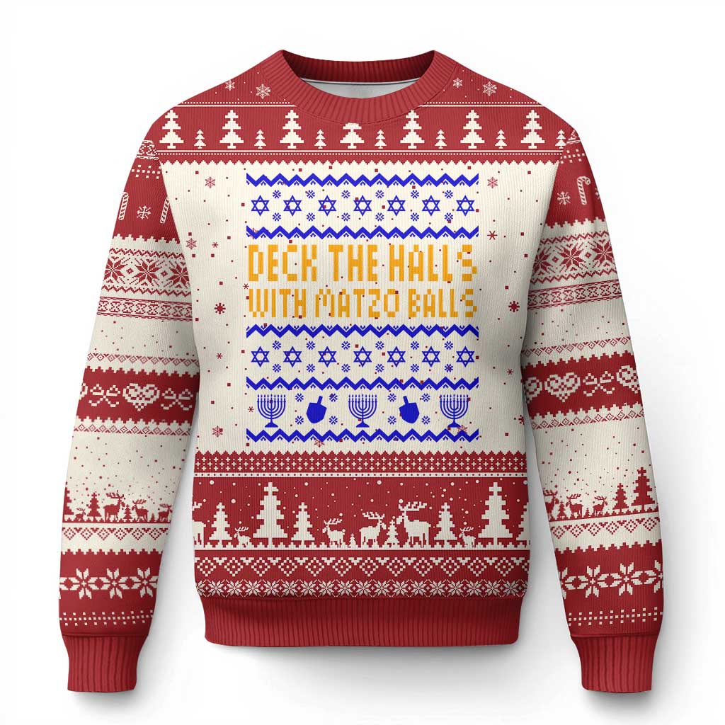 Funny Ugly Hanukkah Ugly Christmas Sweater Deck The Halls With Matzo Balls Jewish Gift TS12 Beige Red Print Your Wear