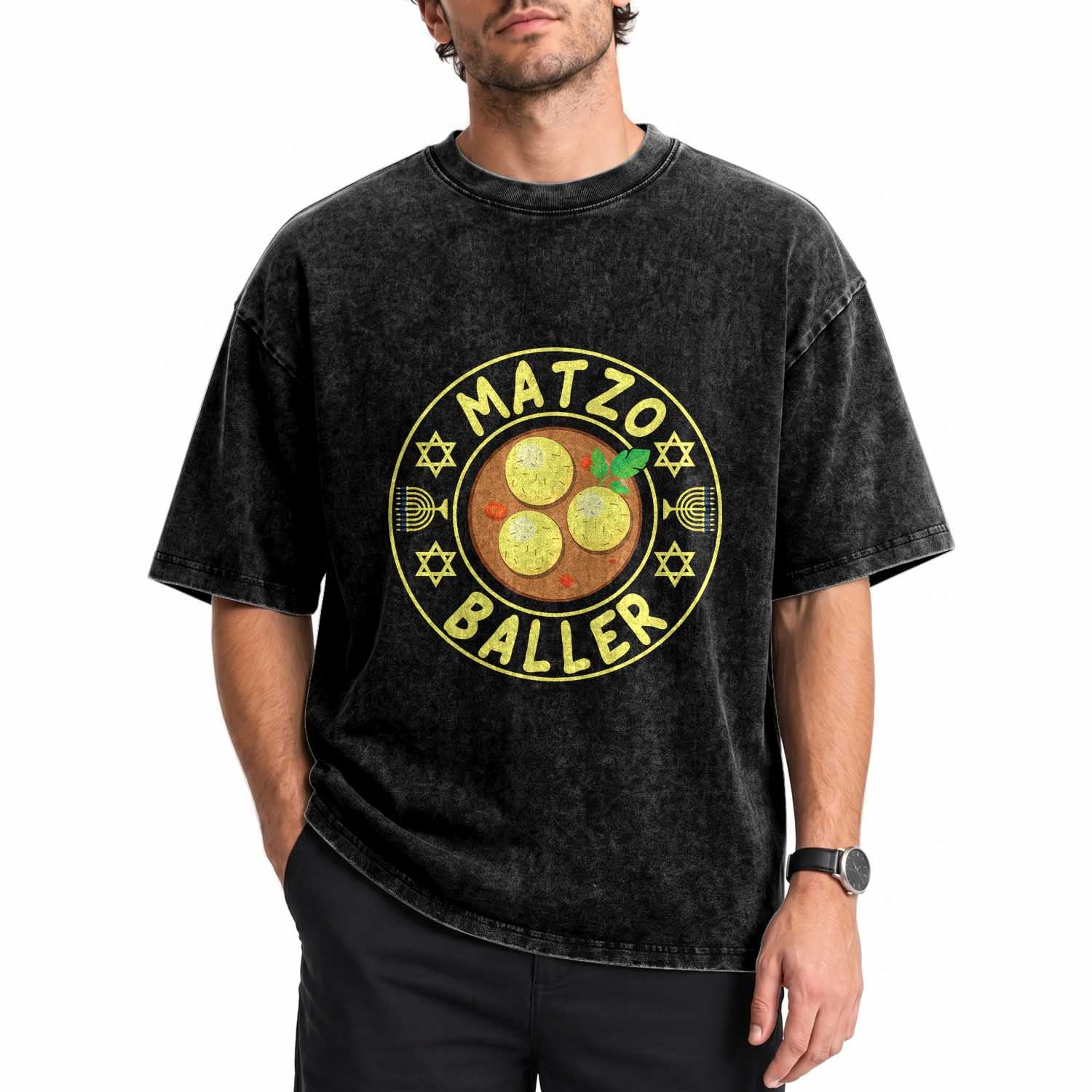Funny Hanukkah Food Lover Gift Washed Cotton T-Shirt Matzo Baller