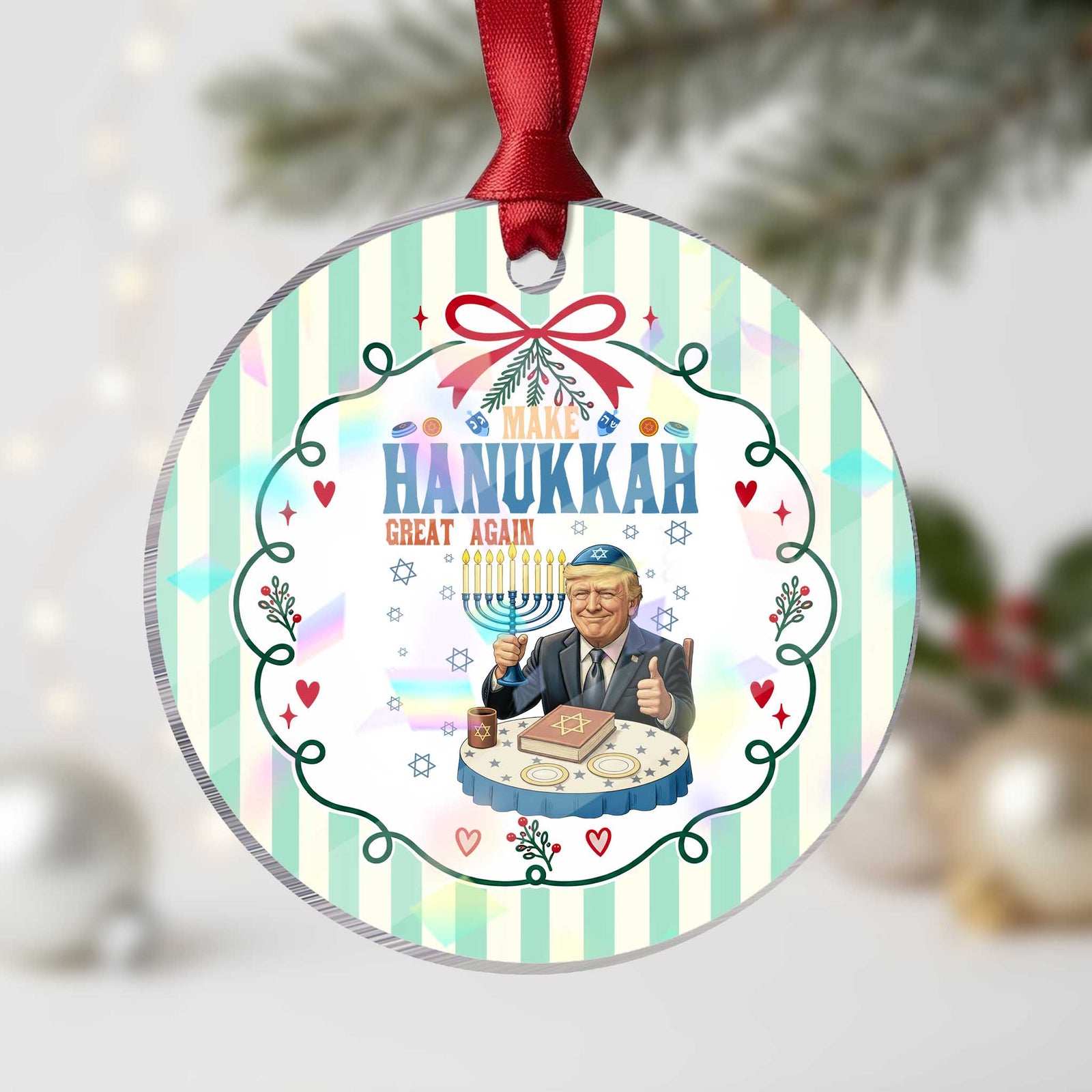 Funny Jewish Holiday Holographic Acrylic Ornament Make Hanukkah Great Again Ugly Gift