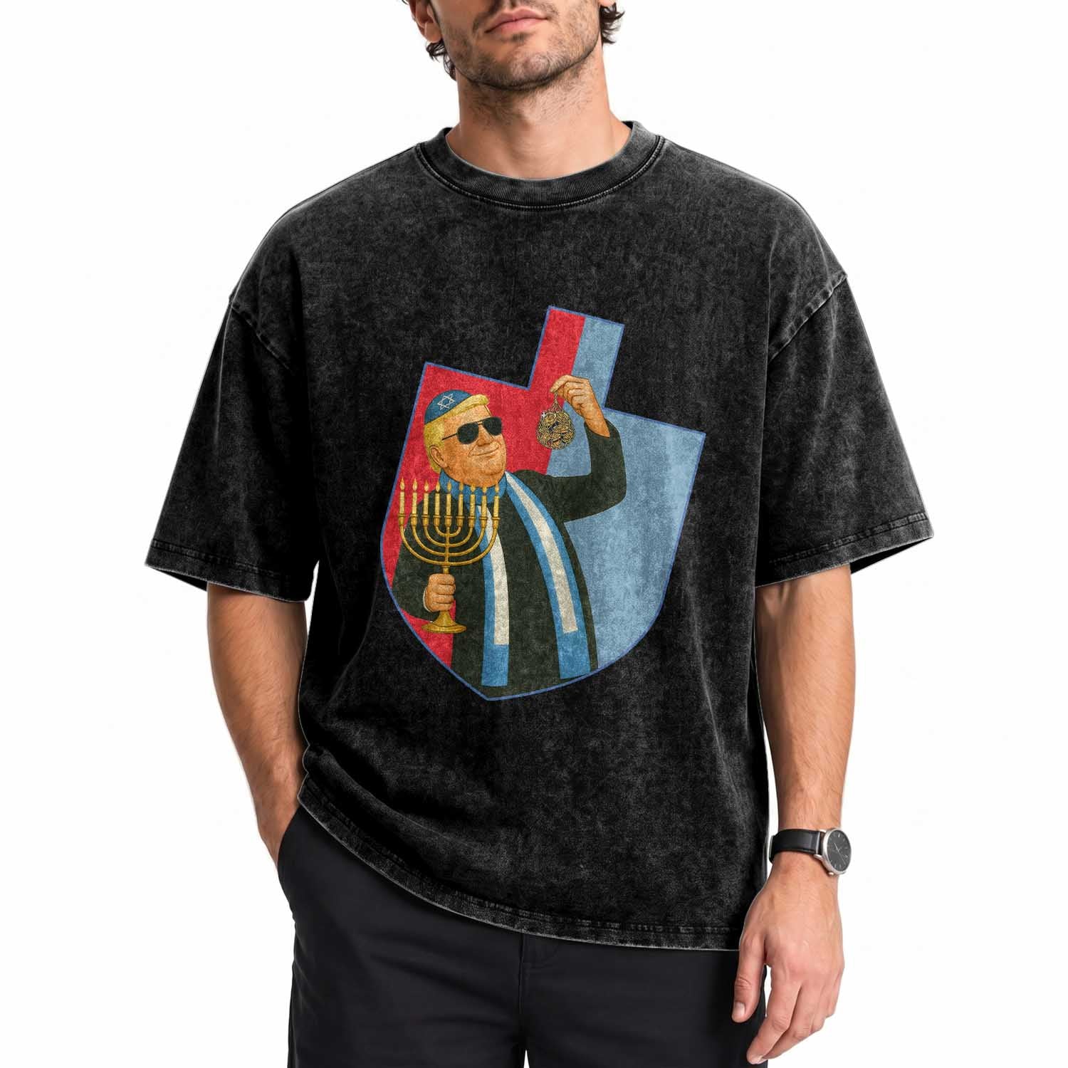 Funny Hanukkah Trump Washed Cotton T-Shirt Festival Of Lights Gift