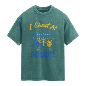 I Cheat At Dreidel Washed Cotton T-Shirt Funny Hanukkah Jewish Gift
