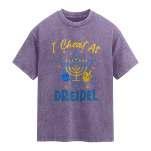 I Cheat At Dreidel Washed Cotton T-Shirt Funny Hanukkah Jewish Gift