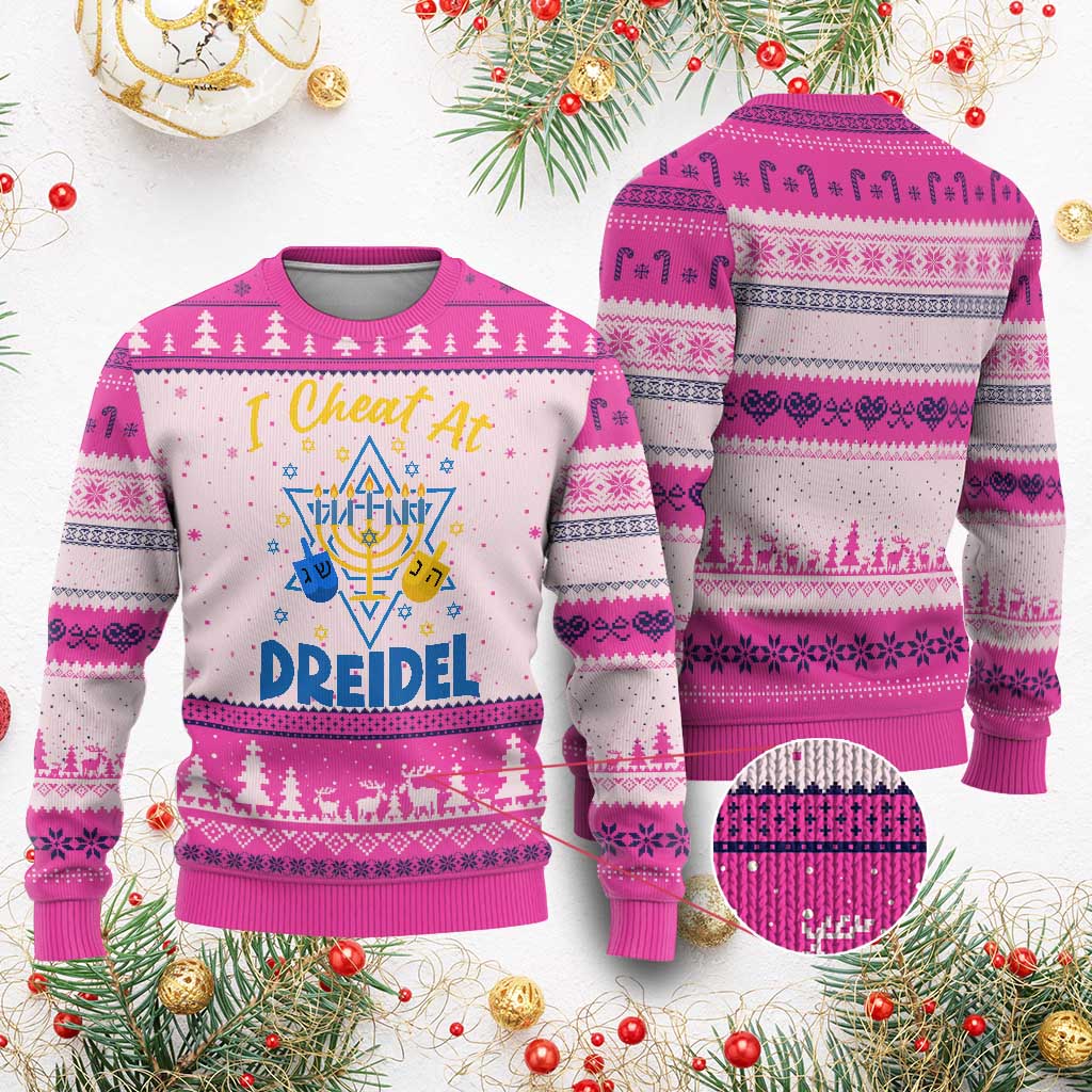I Cheat At Dreidel Ugly Christmas Sweater Funny Hanukkah Jewish Gift TS12 Hot Pink Print Your Wear