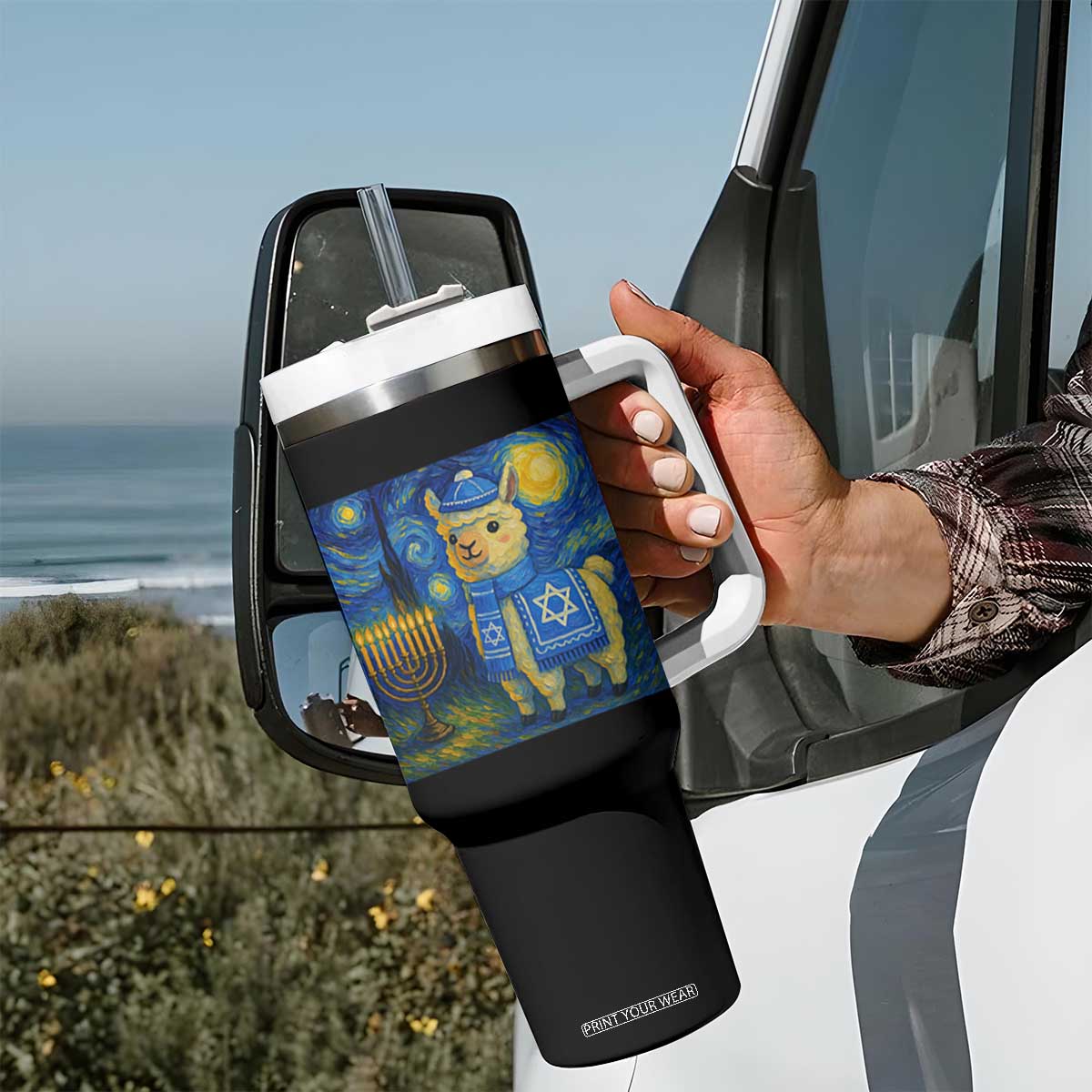 Starry Hanukkah Night Tumbler With Handle Funny Llama Jewish Holiday Gift TS12 Print Your Wear