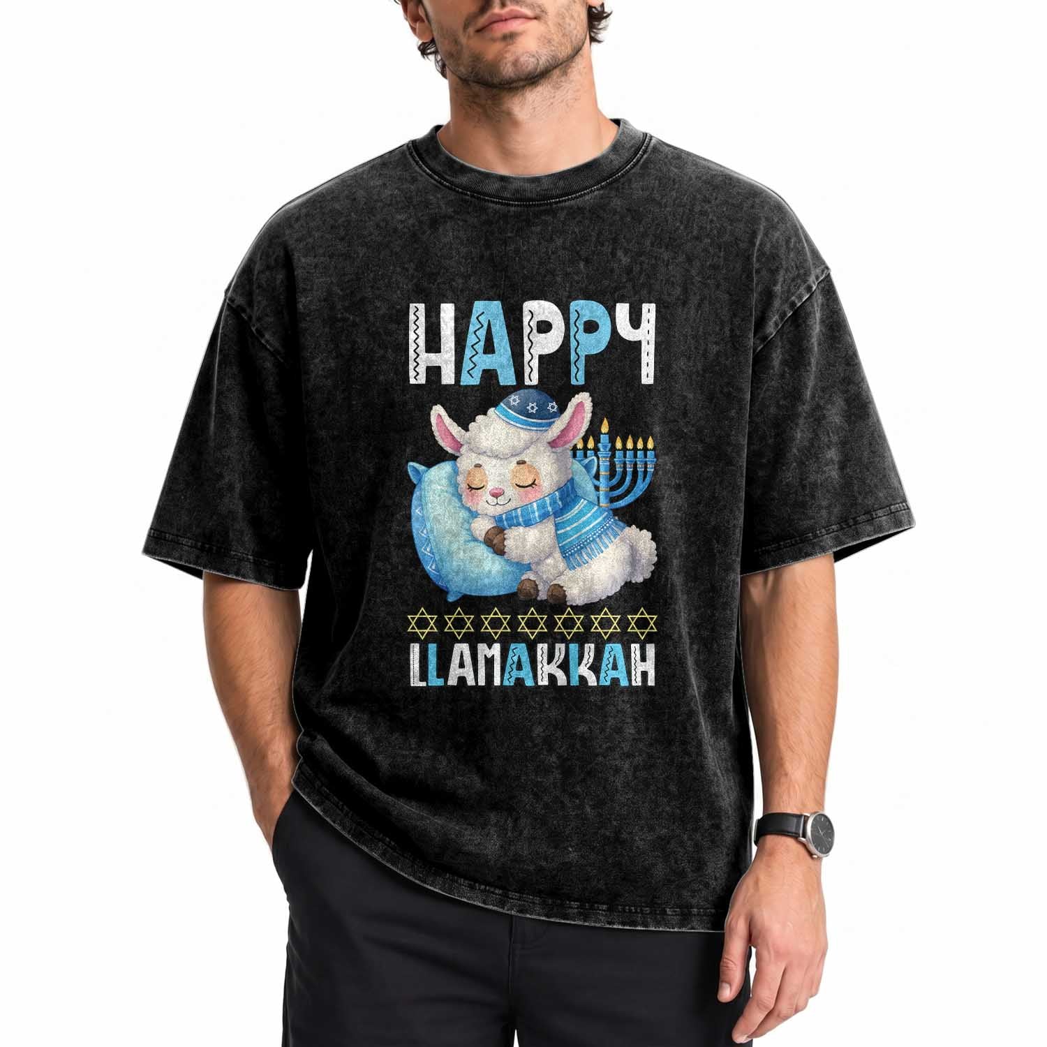 Funny Happy Llamakkah Washed Cotton T-Shirt Cute Llama Jewish Holiday Gift