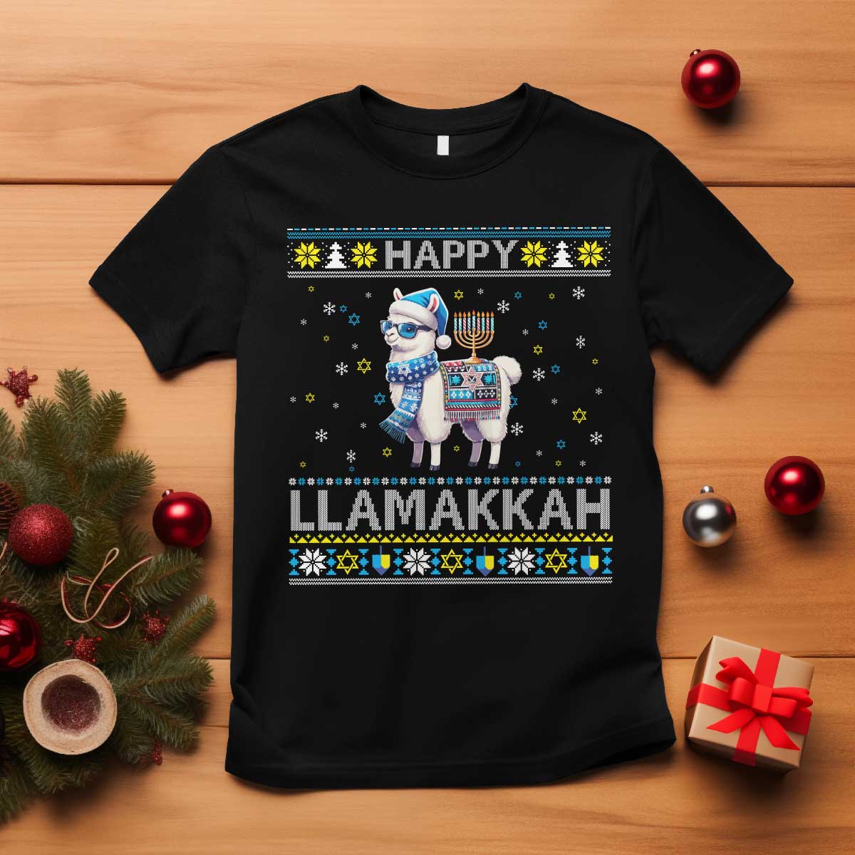 Happy LLamakkah T Shirt Funny Llama Ugly Hanukkah Christmas Gift TS12 Black Print Your Wear