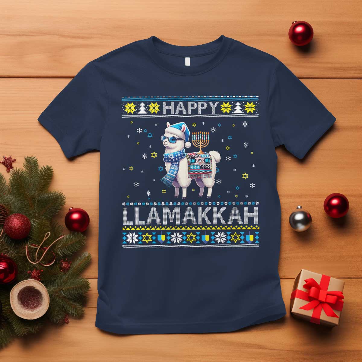 Happy LLamakkah T Shirt Funny Llama Ugly Hanukkah Christmas Gift TS12 Navy Print Your Wear