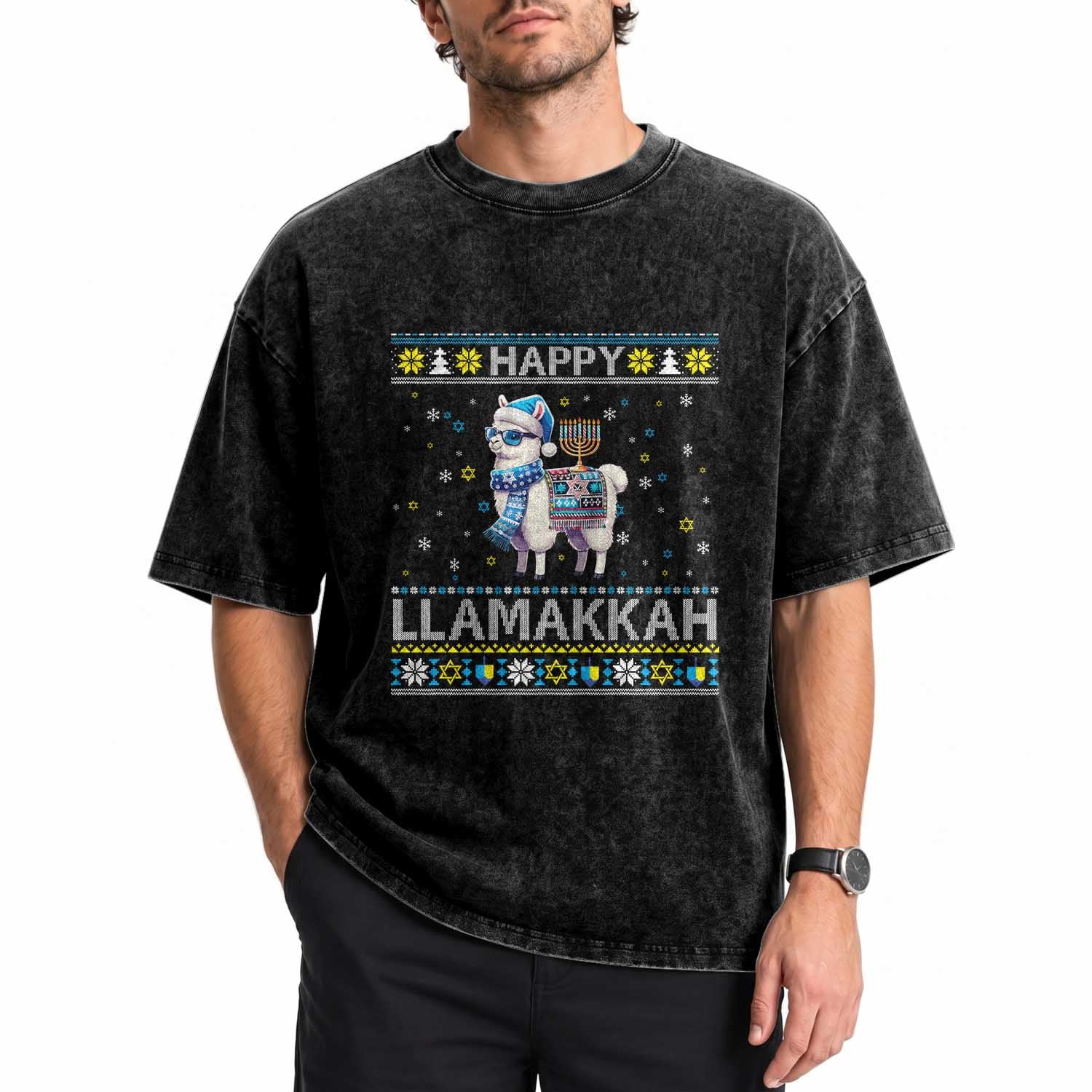 Happy LLamakkah Washed Cotton T-Shirt Funny Llama Ugly Hanukkah Christmas Gift