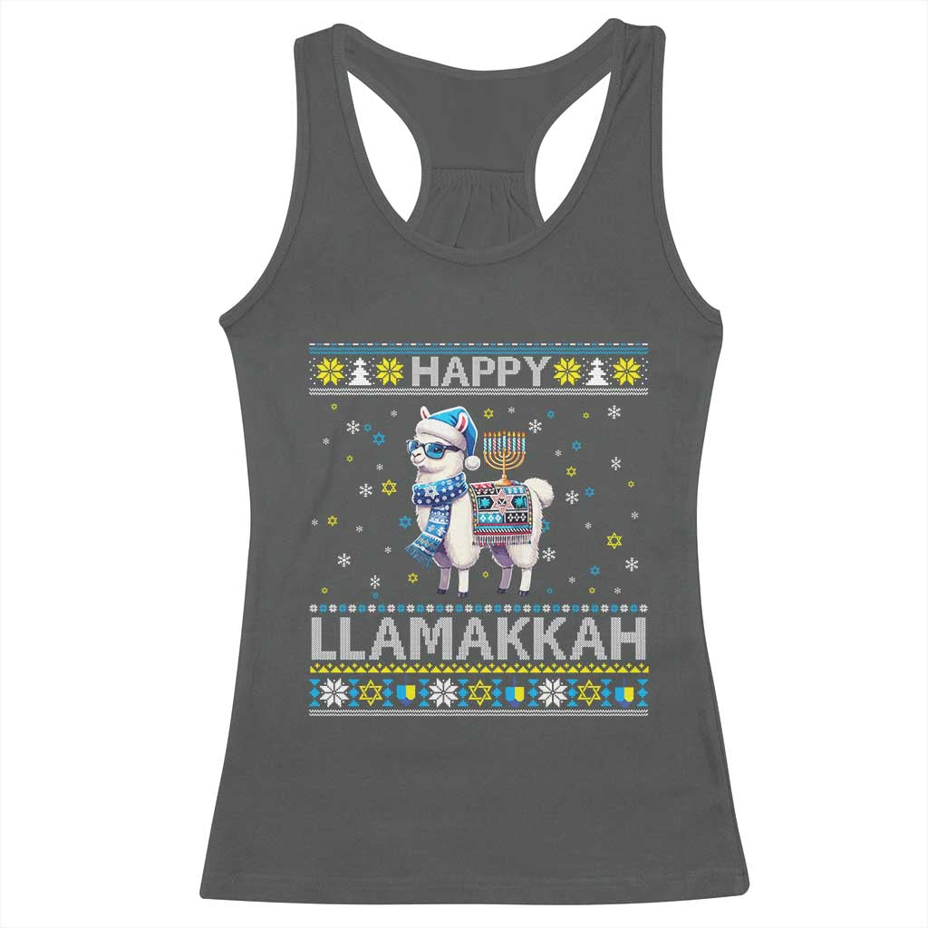 Happy LLamakkah Racerback Tank Top Funny Llama Ugly Hanukkah Christmas Gift TS12 Dark Heather Print Your Wear