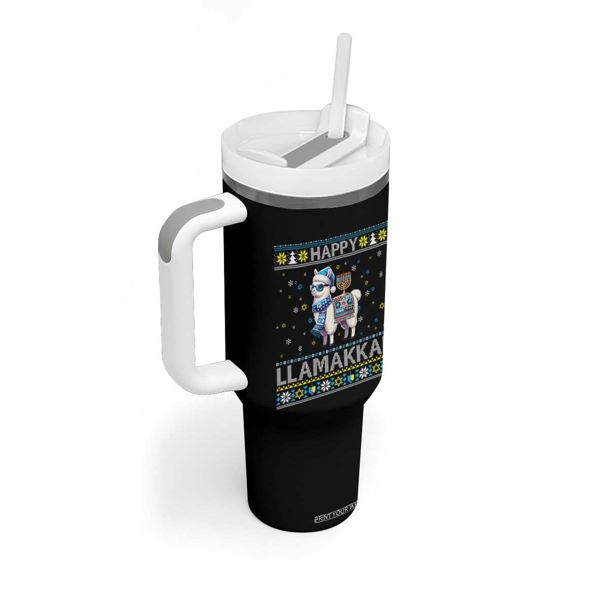 Happy LLamakkah Tumbler With Handle Funny Llama Ugly Hanukkah Christmas Gift TS12 Print Your Wear