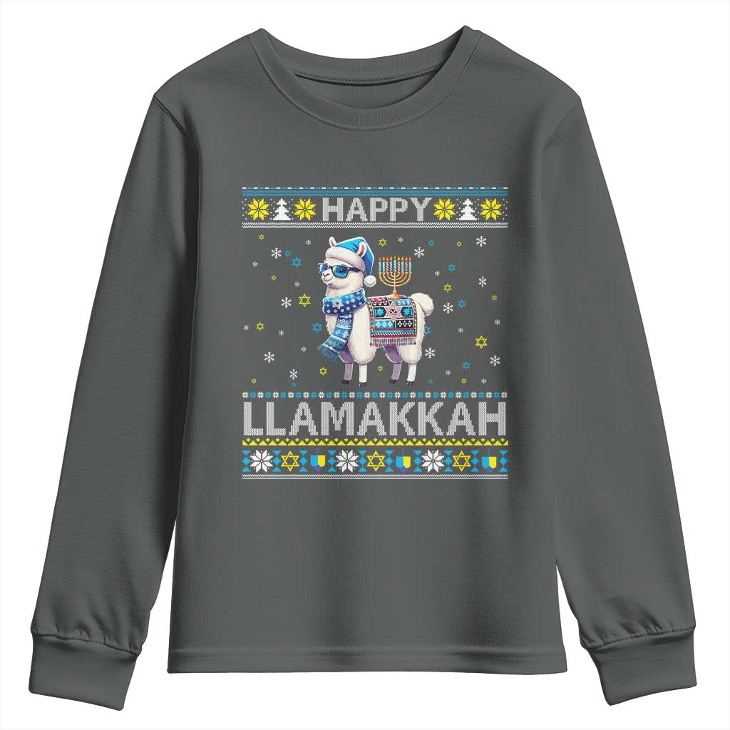 Happy LLamakkah Youth Sweatshirt Funny Llama Ugly Hanukkah Christmas Gift TS12 Dark Heather Print Your Wear