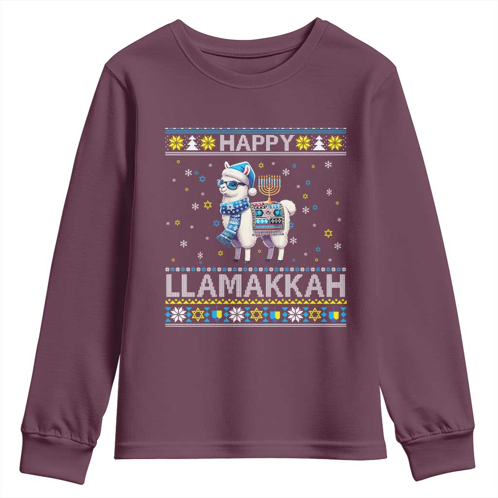Happy LLamakkah Youth Sweatshirt Funny Llama Ugly Hanukkah Christmas Gift TS12 Maroon Print Your Wear
