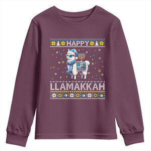 Happy LLamakkah Youth Sweatshirt Funny Llama Ugly Hanukkah Christmas Gift TS12 Maroon Print Your Wear