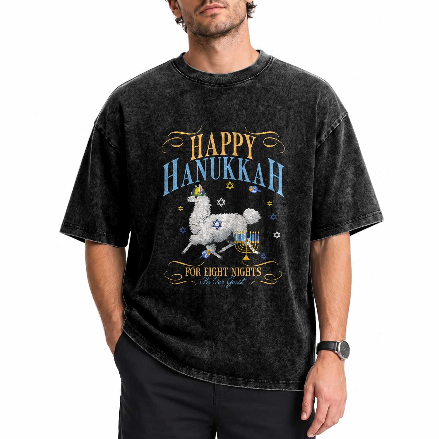 Funny Happy Hanukkah Llama Be Our Guest For Eight Nights Gift Washed Cotton T-Shirt Funny Hanukkah Gift