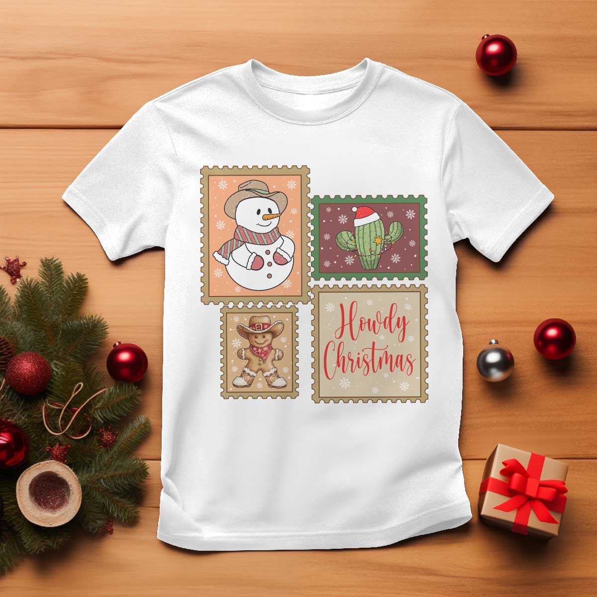Howdy Christmas Postage Stamp T Shirt Western Life Holiday Gift TS12 White Print Your Wear
