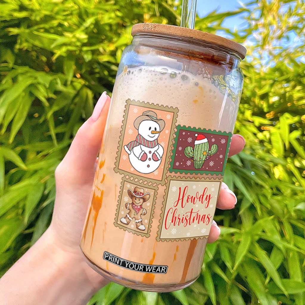 Howdy Christmas Postage Stamp Glass Can Western Life Holiday Gift TS12 White Print Your Wear