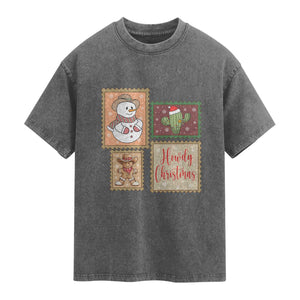 Howdy Christmas Postage Stamp Washed Cotton T-Shirt Western Life Holiday Gift