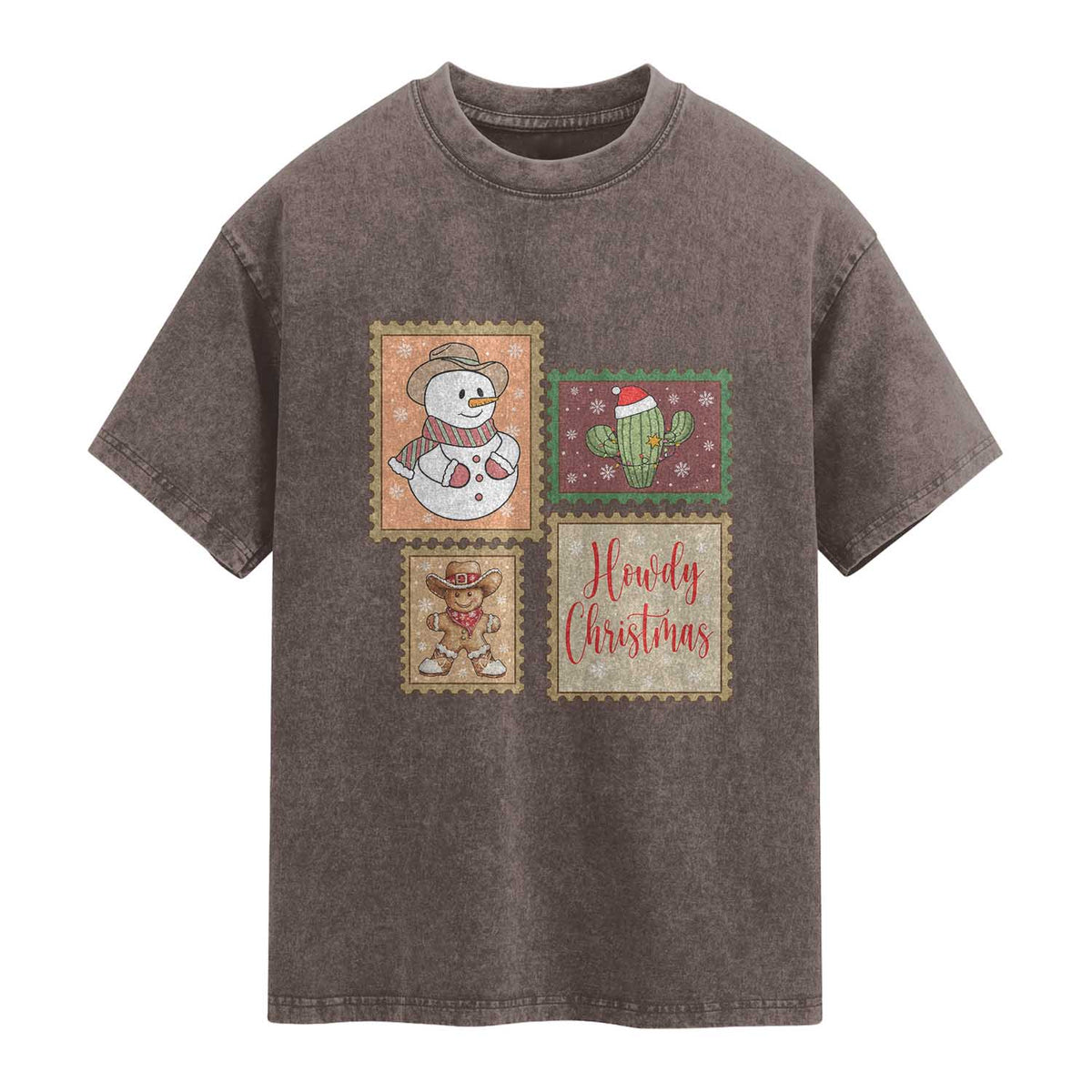 Howdy Christmas Postage Stamp Washed Cotton T-Shirt Western Life Holiday Gift