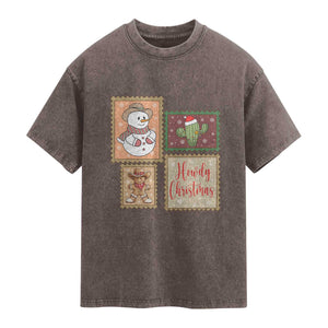 Howdy Christmas Postage Stamp Washed Cotton T-Shirt Western Life Holiday Gift