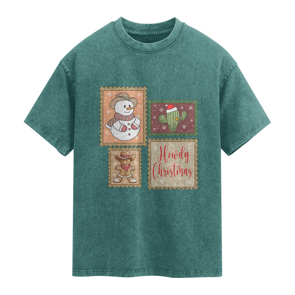 Howdy Christmas Postage Stamp Washed Cotton T-Shirt Western Life Holiday Gift