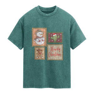 Howdy Christmas Postage Stamp Washed Cotton T-Shirt Western Life Holiday Gift