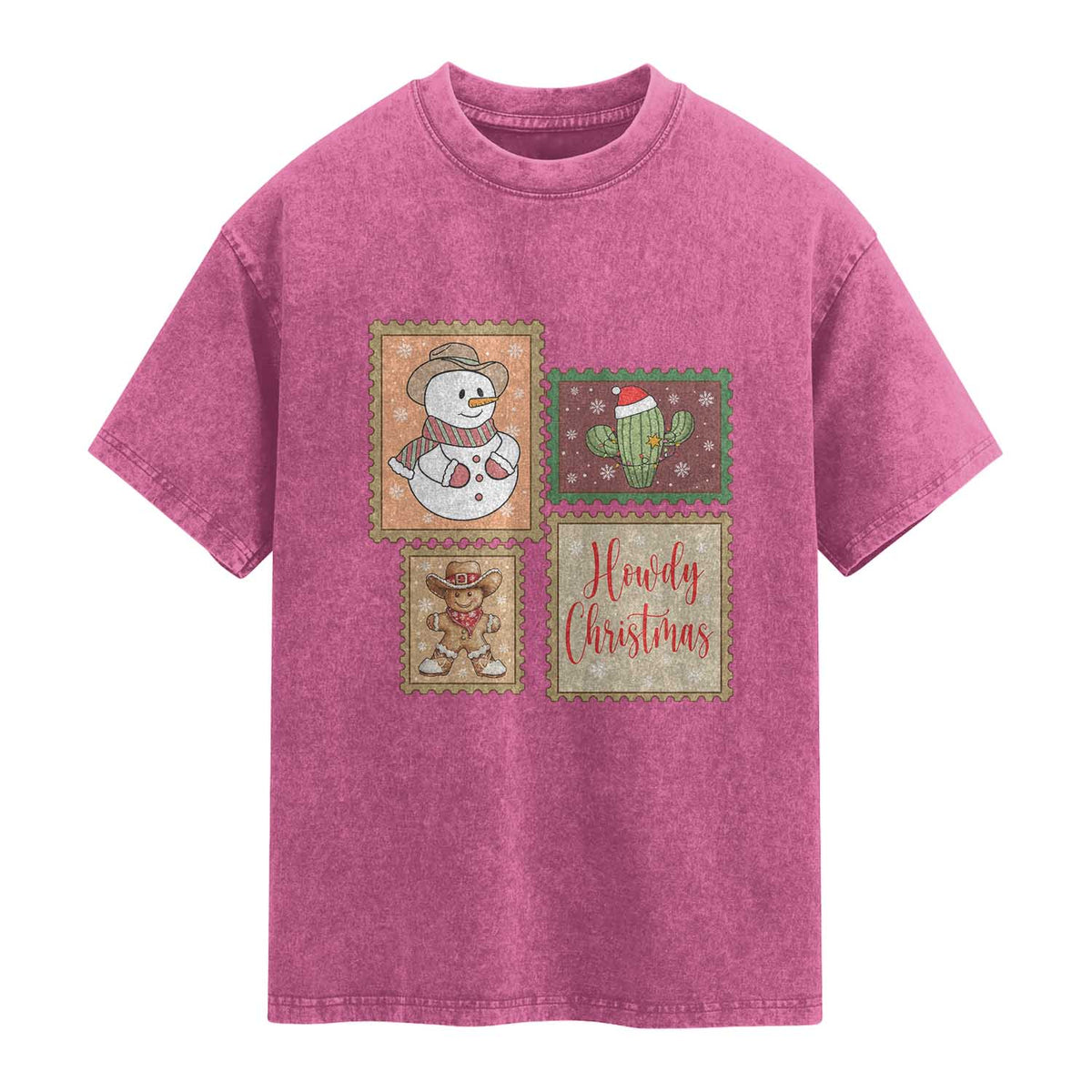 Howdy Christmas Postage Stamp Washed Cotton T-Shirt Western Life Holiday Gift