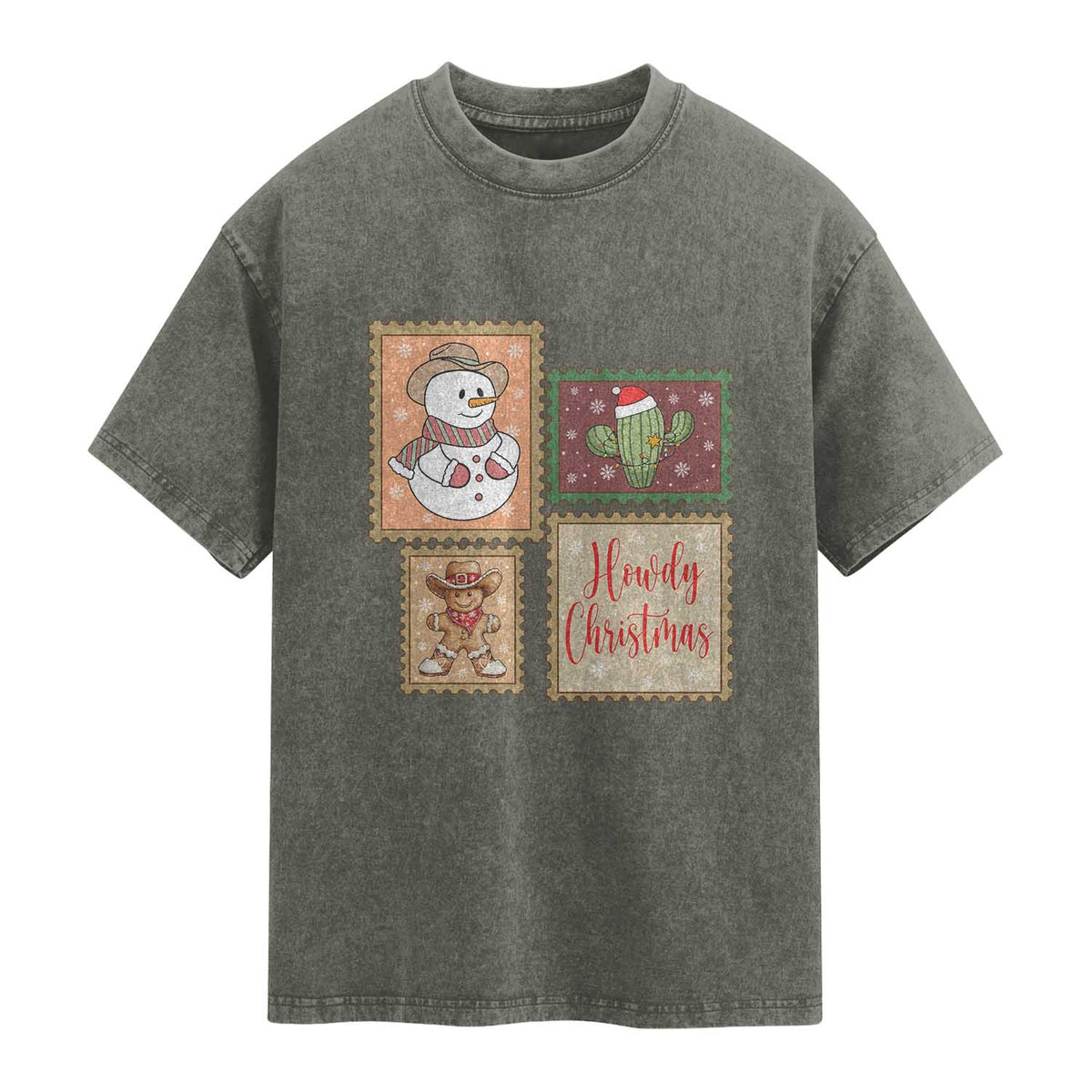 Howdy Christmas Postage Stamp Washed Cotton T-Shirt Western Life Holiday Gift