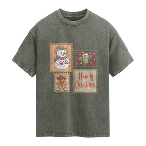 Howdy Christmas Postage Stamp Washed Cotton T-Shirt Western Life Holiday Gift