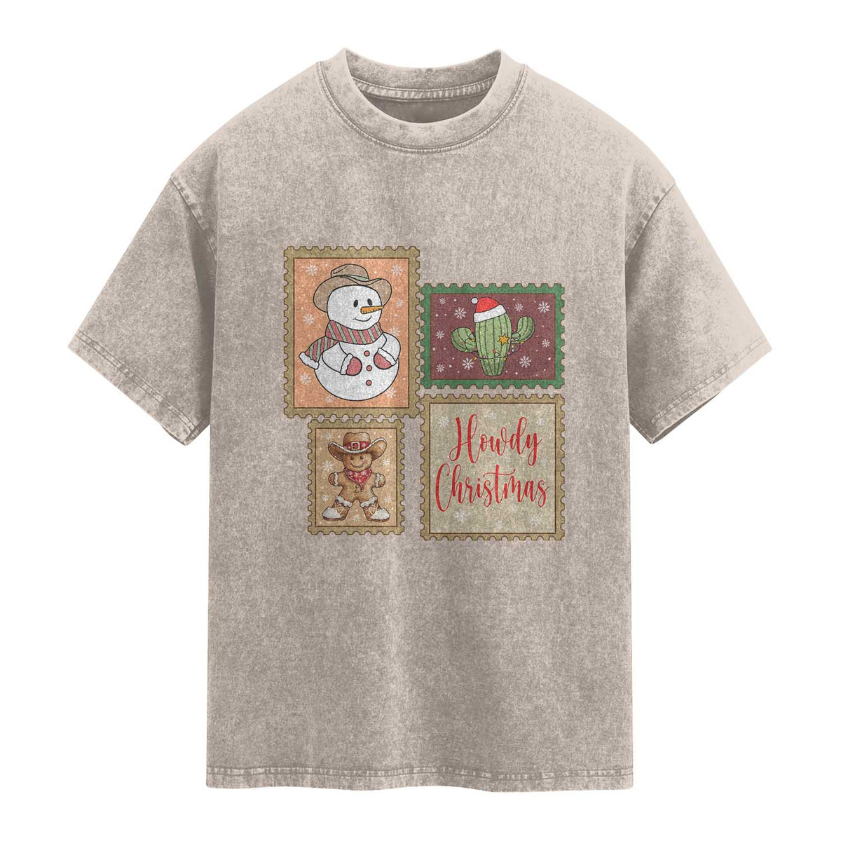 Howdy Christmas Postage Stamp Washed Cotton T-Shirt Western Life Holiday Gift