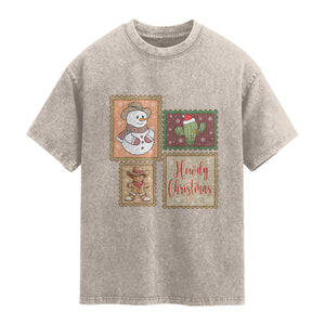 Howdy Christmas Postage Stamp Washed Cotton T-Shirt Western Life Holiday Gift
