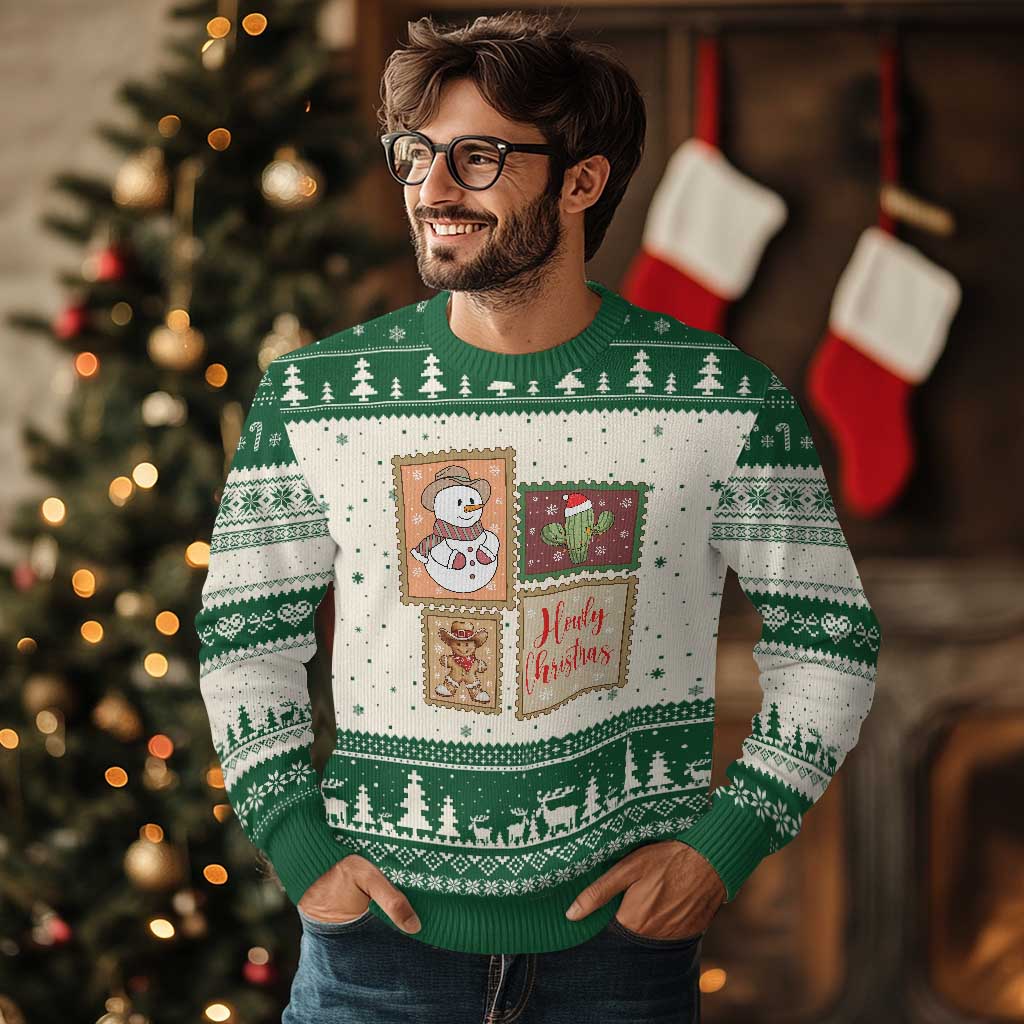Howdy Xmas Postage Stamp Ugly Christmas Sweater Western Life Holiday Gift TS12 Beige Green Print Your Wear