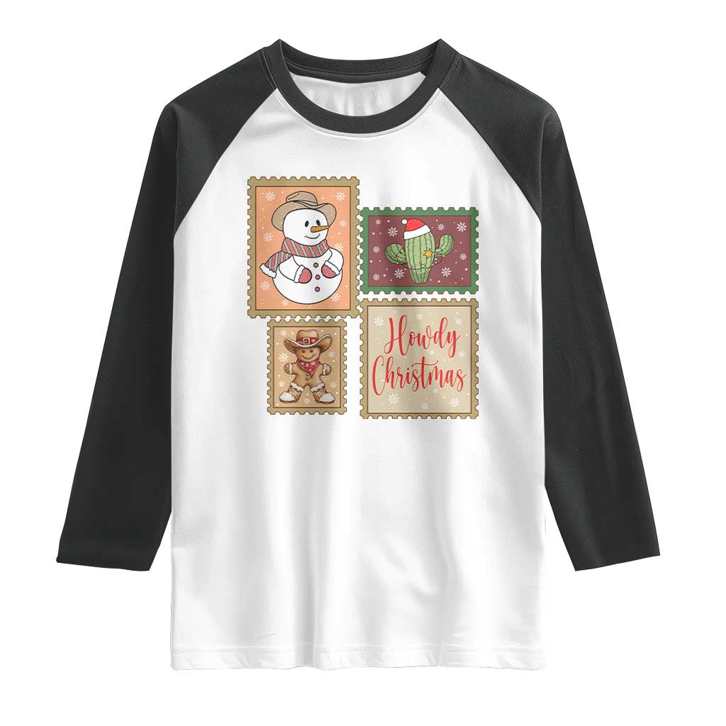 Howdy Christmas Postage Stamp Raglan Shirt Western Life Holiday Gift TS12 White Black Print Your Wear