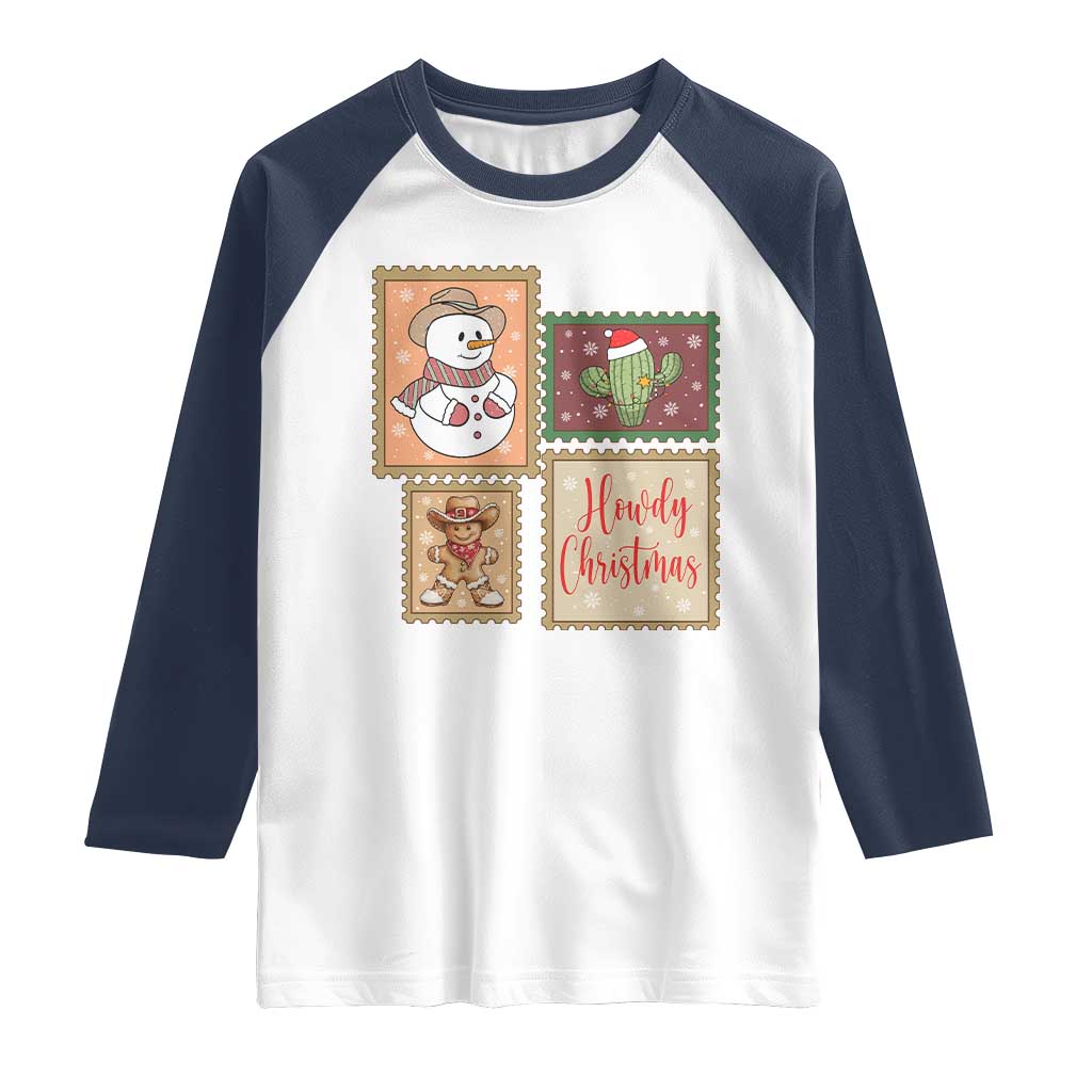 Howdy Christmas Postage Stamp Raglan Shirt Western Life Holiday Gift TS12 White Navy Print Your Wear