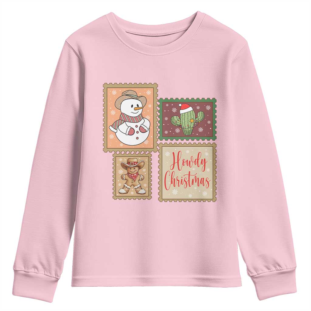 Howdy Christmas Postage Stamp Youth Sweatshirt Western Life Holiday Gift TS12 Light Pink Print Your Wear