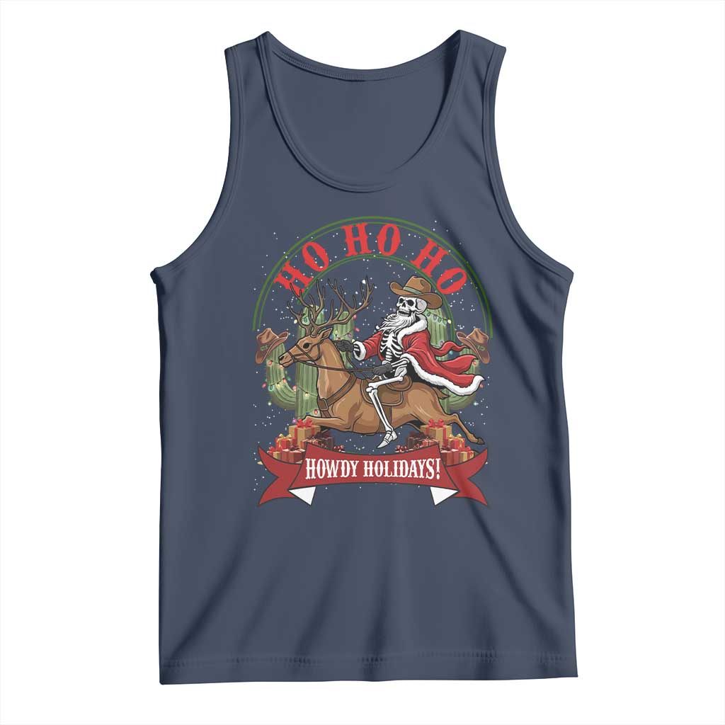 Funny Western Skeleton Cowboy Christmas Tank Top Howdy Holidays TS12 Navy Print Your Wear