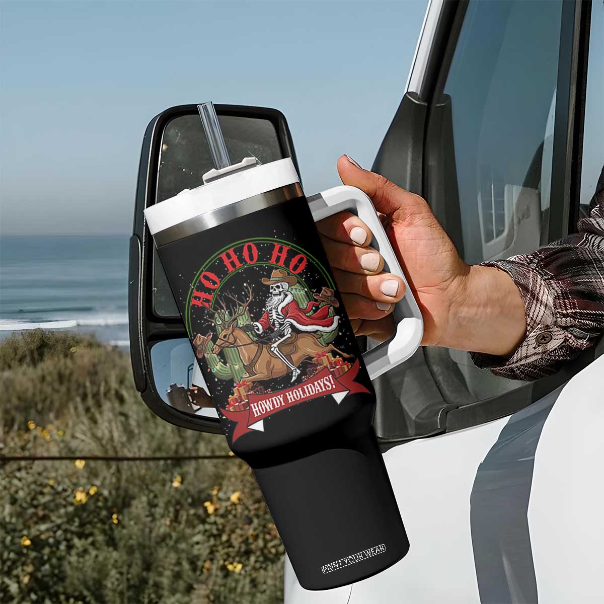 Funny Western Skeleton Cowboy Christmas Tumbler With Handle Howdy Holidays TS12 Print Your Wear