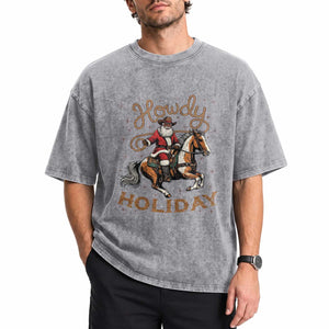 Black Santa Howdy Western Cowboy Washed Cotton T-Shirt Christmas Gift