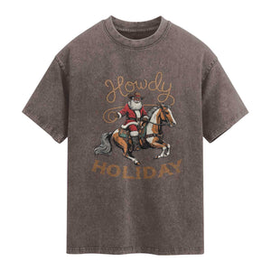 Black Santa Howdy Western Cowboy Washed Cotton T-Shirt Christmas Gift
