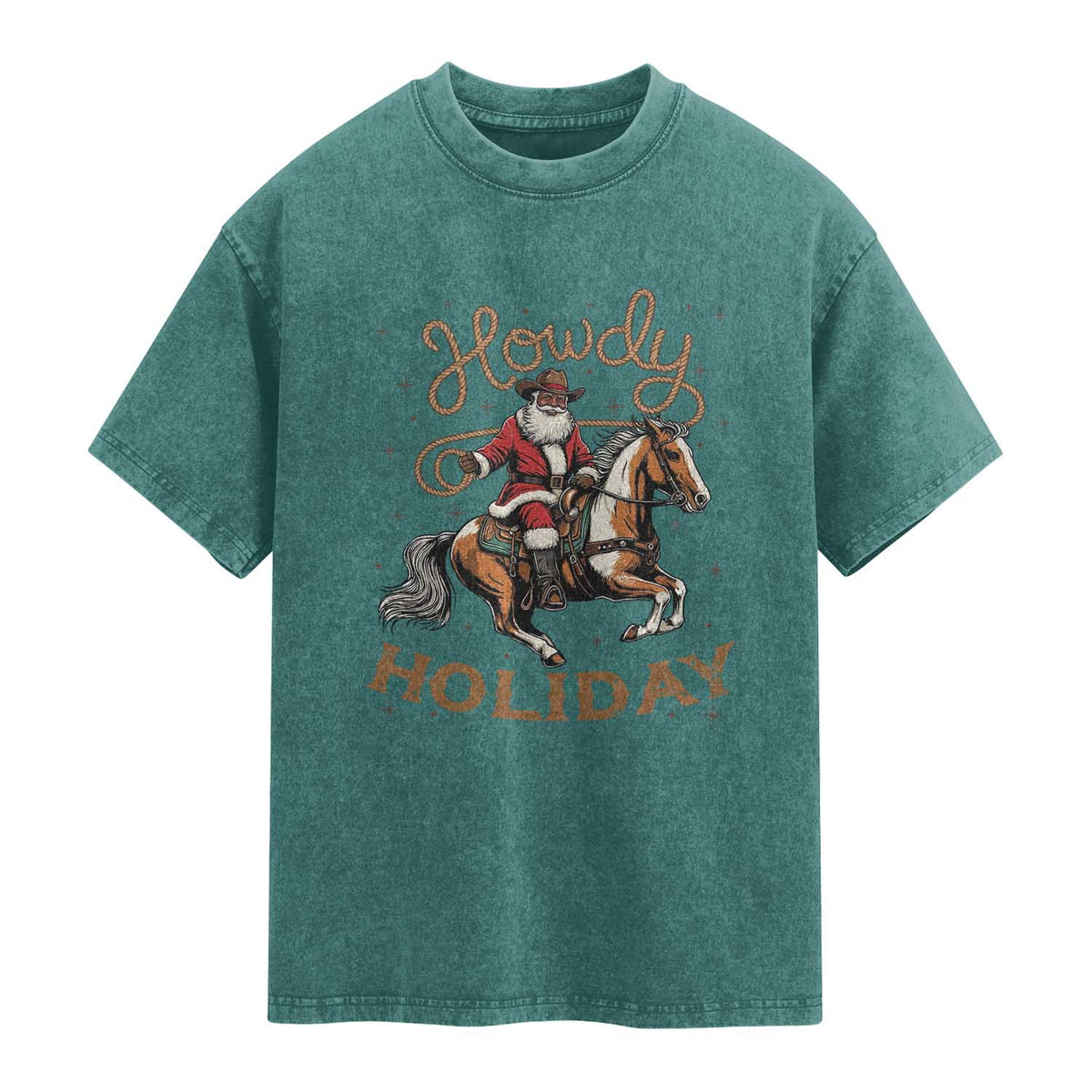 Black Santa Howdy Western Cowboy Washed Cotton T-Shirt Christmas Gift